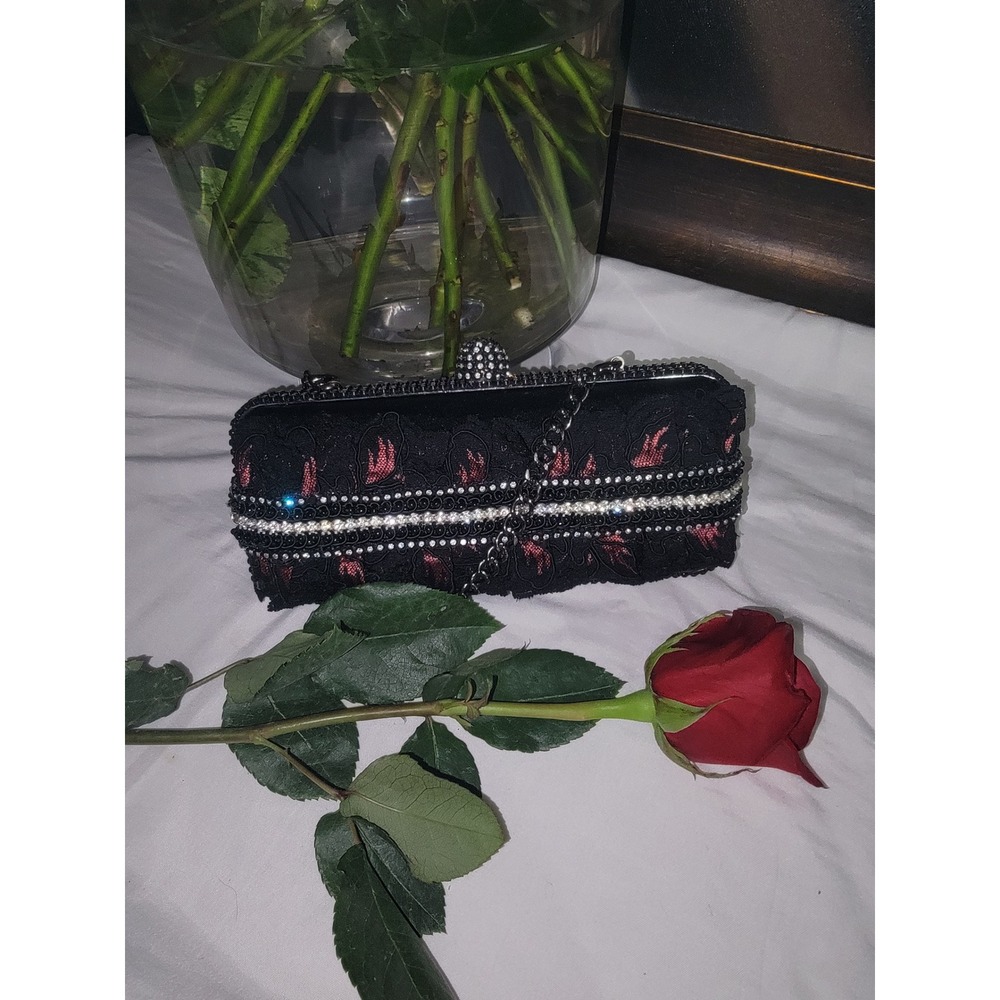 Brenda Lee‎ Signature Black Lace Red Floral Rhinestone Pearl Evening Clutch Bag